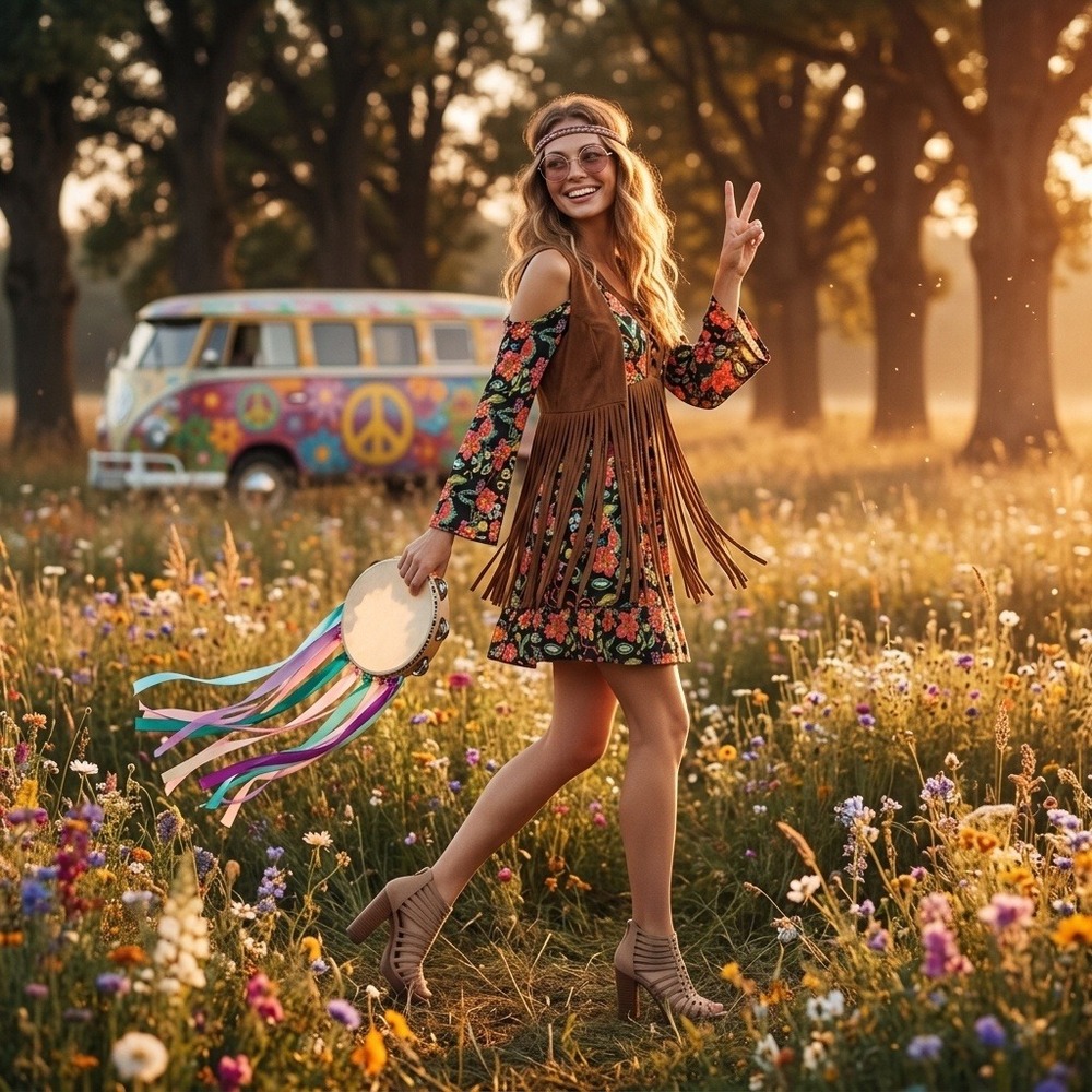 Flower Power Hippie Costume Dress Set Floral Fringe 60s 70s Retro Adult Large